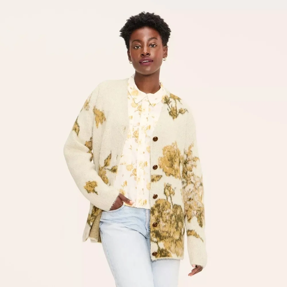 Woolrich x Target Women's S Small Floral Relaxed‎ Cardigan Sweater Cream, NWT!